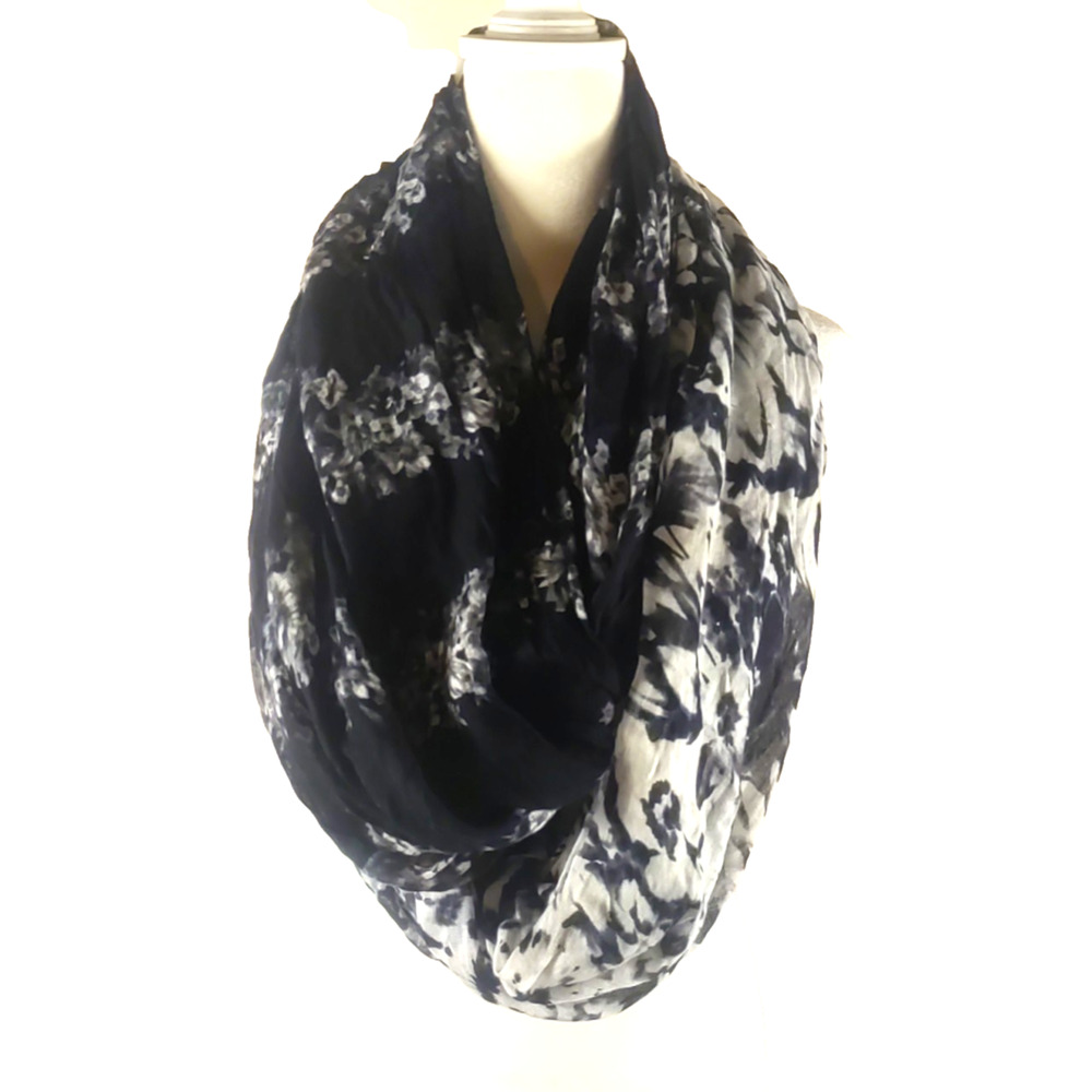Express Infinity Scarf Black White Floral Art Sheer Lightweight 82 X 26